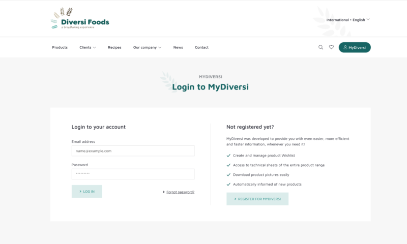 Diversi foods login screen